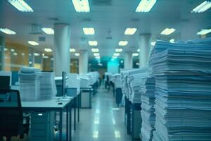 Piles of paper office filled with paperwork full archive file documents stack of folders information outdated old technology digitalization reports unorganized history messy research photo