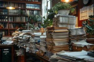 Piles of paper office filled with paperwork full archive file documents stack of folders information outdated old technology digitalization reports unorganized history messy research photo