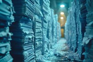 Piles of paper office filled with paperwork full archive file documents stack of folders information outdated old technology digitalization reports unorganized history messy research photo