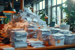 Piles of paper office filled with paperwork full archive file documents stack of folders information outdated old technology digitalization reports unorganized history messy research photo