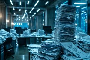 Piles of paper office filled with paperwork full archive file documents stack of folders information outdated old technology digitalization reports unorganized history messy research photo