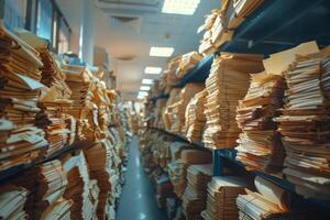 Piles of paper office filled with paperwork full archive file documents stack of folders information outdated old technology digitalization reports unorganized history messy research photo