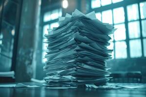 Piles of paper office filled with paperwork full archive file documents stack of folders information outdated old technology digitalization reports unorganized history messy research photo
