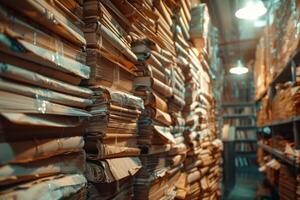 Piles of paper office filled with paperwork full archive file documents stack of folders information outdated old technology digitalization reports unorganized history messy research photo