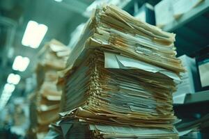 Piles of paper office filled with paperwork full archive file documents stack of folders information outdated old technology digitalization reports unorganized history messy research photo