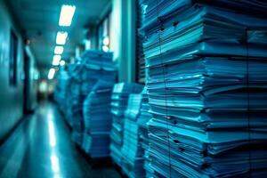 Piles of paper office filled with paperwork full archive file documents stack of folders information outdated old technology digitalization reports unorganized history messy research photo