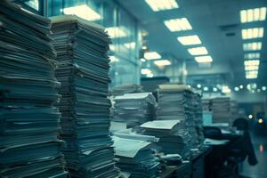 Piles of paper office filled with paperwork full archive file documents stack of folders information outdated old technology digitalization reports unorganized history messy research photo