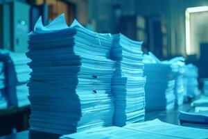 Piles of paper office filled with paperwork full archive file documents stack of folders information outdated old technology digitalization reports unorganized history messy research photo