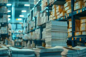 Piles of paper office filled with paperwork full archive file documents stack of folders information outdated old technology digitalization reports unorganized history messy research photo