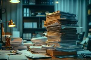 Piles of paper office filled with paperwork full archive file documents stack of folders information outdated old technology digitalization reports unorganized history messy research photo