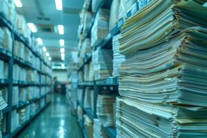 Piles of paper office filled with paperwork full archive file documents stack of folders information outdated old technology digitalization reports unorganized history messy research photo