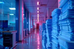 Piles of paper office filled with paperwork full archive file documents stack of folders information outdated old technology digitalization reports unorganized history messy research photo