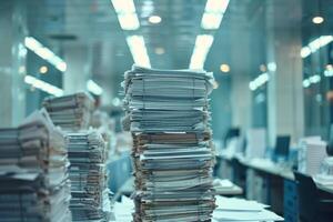 Piles of paper office filled with paperwork full archive file documents stack of folders information outdated old technology digitalization reports unorganized history messy research photo