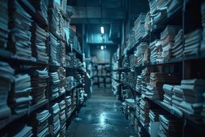 Piles of paper office filled with paperwork full archive file documents stack of folders information outdated old technology digitalization reports unorganized history messy research photo