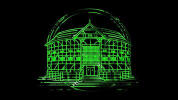 Neon frame effect Shakespeare Globe Theatre iconic circular structure, glow, black background. video