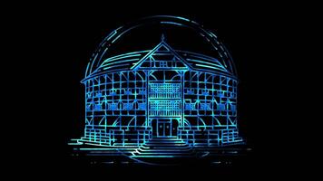 Neon frame effect Shakespeare Globe Theatre iconic circular structure, glow, black background. video