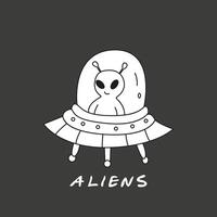 Aliens black and white illustration with inscriptions. Set of cute alien creatures. Cute UFO on a flying saucer. Creature of the open space vector