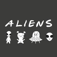 Aliens black and white illustration with inscriptions. Set of cute alien creatures. Cute UFO on a flying saucer. Creature of the open space vector