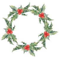 Holly evergreen leaves with red berries rosette. Watercolor hand drawn illustration, wreath chaplet frame isolated on white. Xmas, happy new year festive, noel navidad. Print paper, textile fabric vector