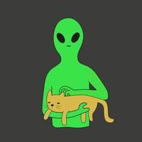 Green aliens illustration with inscriptions. flat humanoid. Creature of the open space. Alien with a cat in his hands. Alien shows the peace sign vector