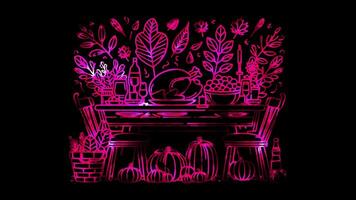 Neon frame effect Thanksgiving scene Thanksgiving dinner table set , glow, black background. video