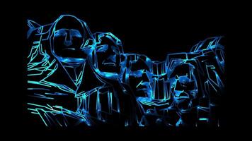 Neon frame effect Mount Rushmore iconic mountain sculpture , glow, black background. video