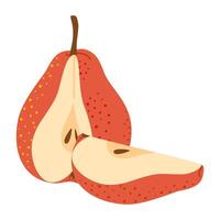 Cut red pear with pear wedge cartoon set. Cross section of cut fresh, juicy red pear, slices fruit, Hand drawn trendy flat style isolated on transparent background illustration vector