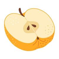 Yellow apple cut in half. One piece of fresh fruit with seeds. Apple half icon. Hand drawn Trendy flat style Isolated on transparent background illustration vector