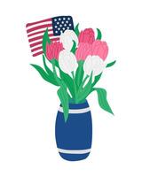 Flat bouquet of white and red tulips with US flag vector