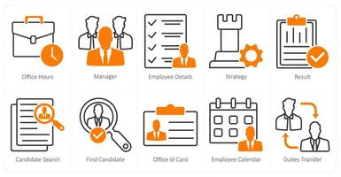 A set of 10 business and office icons as office hours, manager, employee details vector