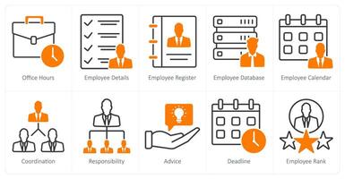 A set of 10 business and office icons as office hours, employee details, employee register vector