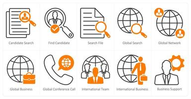 A set of 10 business and office icons as candidate search, find candidate, search file vector