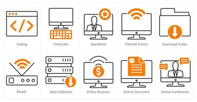 A set of 10 business and office icons as coding, computer, workforce vector