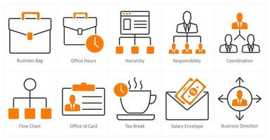 A set of 10 business and office icons as business bag, office hours, hierarchy vector