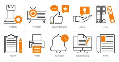A set of 10 business and office icons as strategy, projector, social integration vector