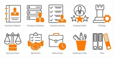 A set of 10 business and office icons as employee register, employee database, employee details vector