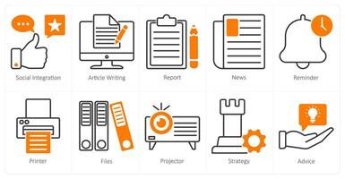 A set of 10 business and office icons as social integration, article wiritng, report vector