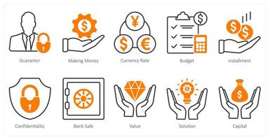 A set of 10 banking icons as gurantor, making money, currency rate vector