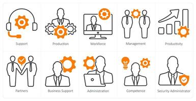 A set of 10 business and office icons as support, production, workforce vector