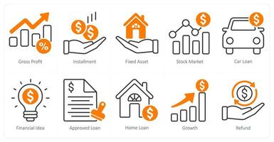 A set of 10 banking icons as gross profit, installment, fixed asset vector