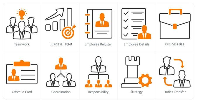 A set of 10 business and office icons as teamwork, business target, employee register vector