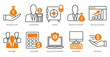 A set of 10 business and office icons as business loan, accountant, locker vector