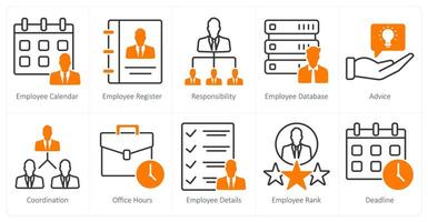 A set of 10 business and office icons as employee calendar, employee register, responsibility vector