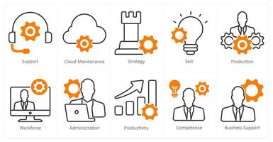 A set of 10 business and office icons as support, cloud maintenance, strategy vector