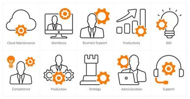 A set of 10 business and office icons as cloud maintenance, workforce, business support vector