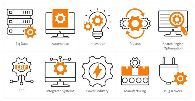 A Set of 10 Industrial icons as big data, automation, innovation vector