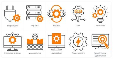 A Set of 10 Industrial icons as plug and work, big data, process vector