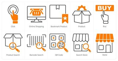 A set of 10 shopping icons as click, onine shopping, bookmark product vector