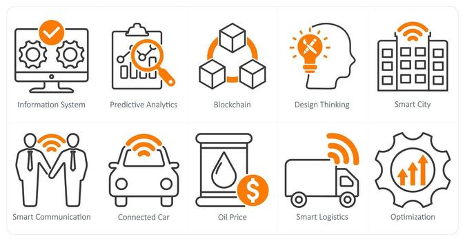 A Set of 10 Industrial icons as information system, predictive analytics, blockchain vector