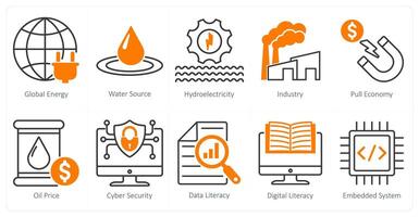 A Set of 10 Industrial icons as global energy, water source, hydroelectricity vector